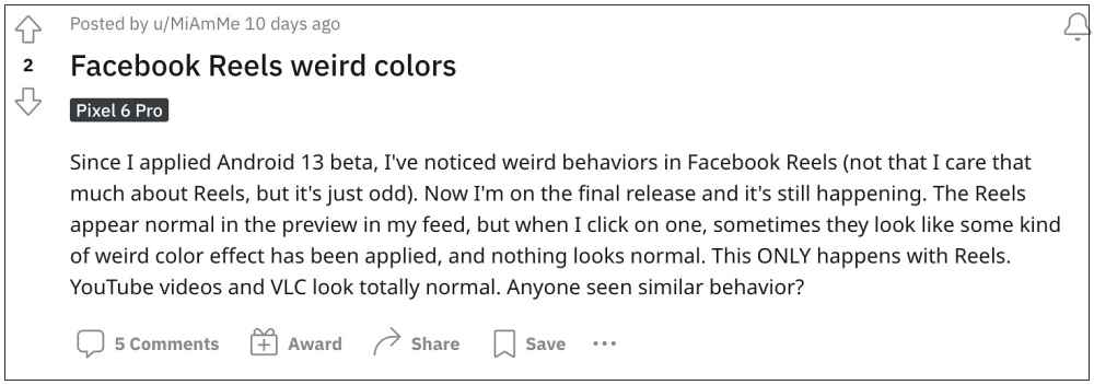 Facebook Reels color effects on Pixel 6 Pro Android 13