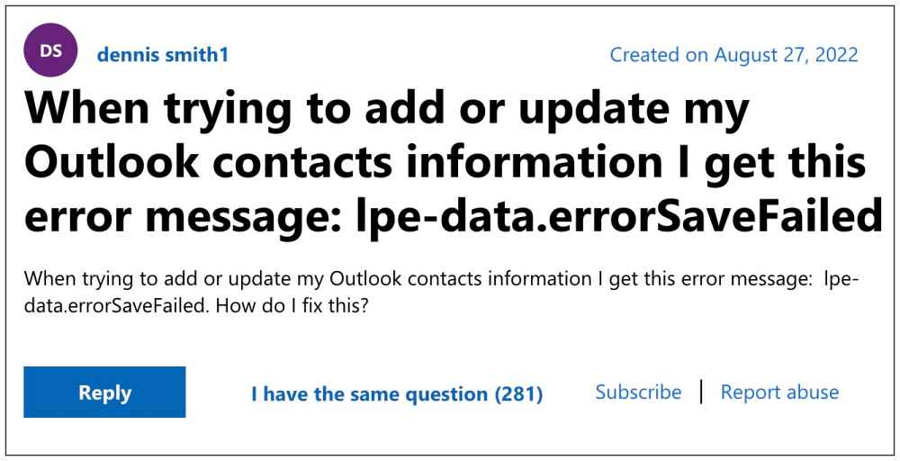 Outlook lpe-data.errorSaveFailed error 