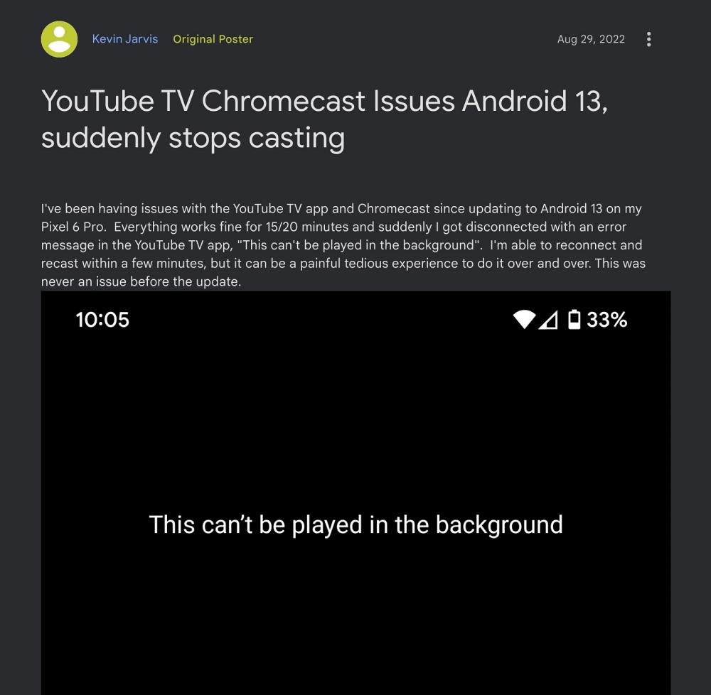 YouTube Android 13 crashing Chromecast 