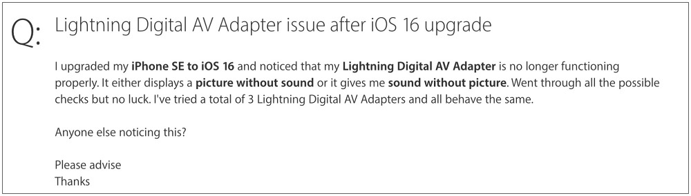 Lightning Digital AV Adapter not working with iOS 16