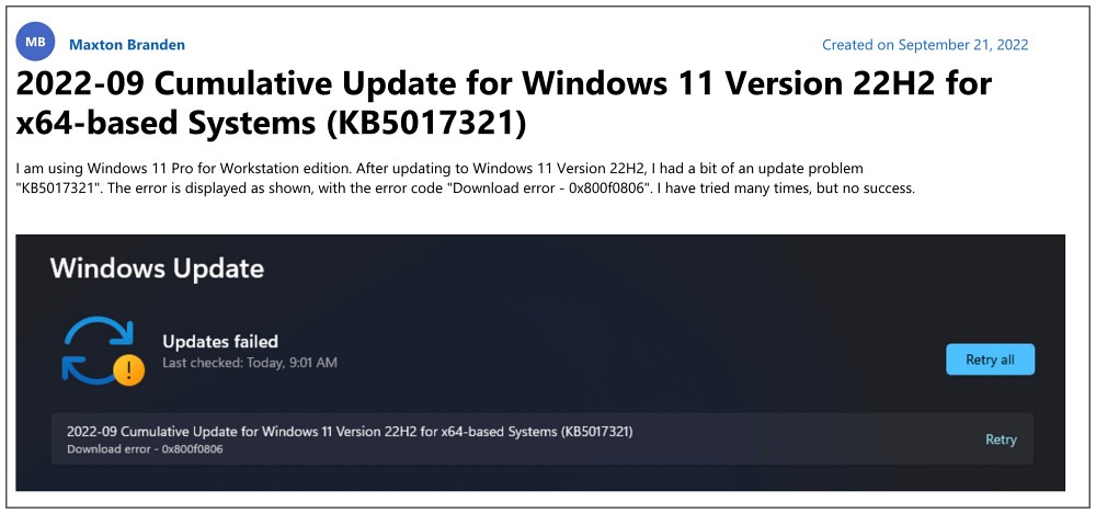 Windows 11 Version 22H2 KB5017321 Download error 0x800f0806