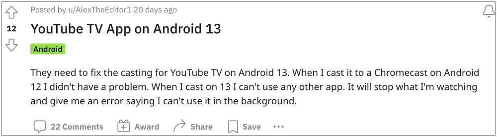 YouTube Android 13 crashing Chromecast