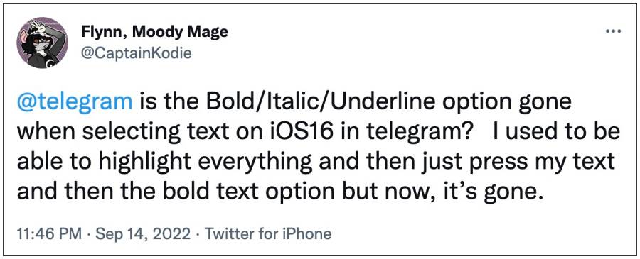 telegram text formatting missing ios 16
