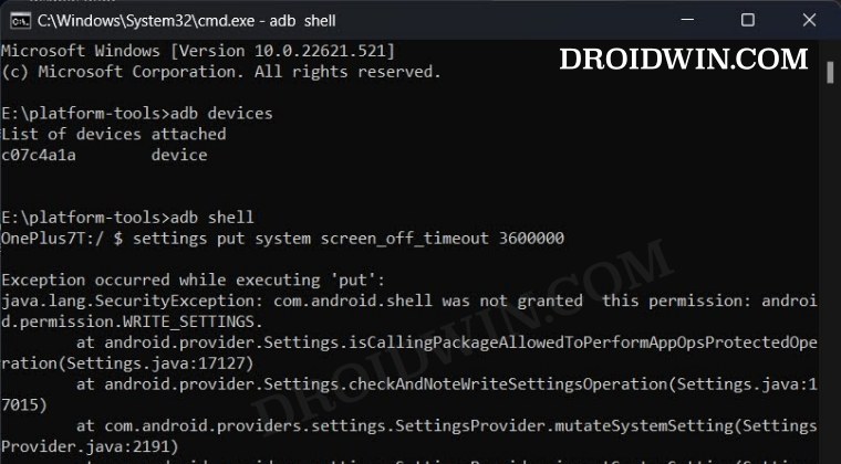 ADB Shell Operation not allowed java.lang.SecurityException