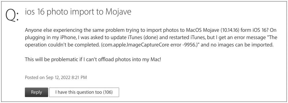 Cannot Import Photos via iTunes iOS 16 Mojave