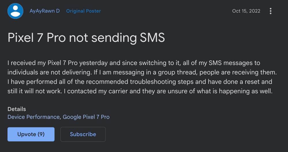 Cannot Send SMS in Pixel 7 Pro
