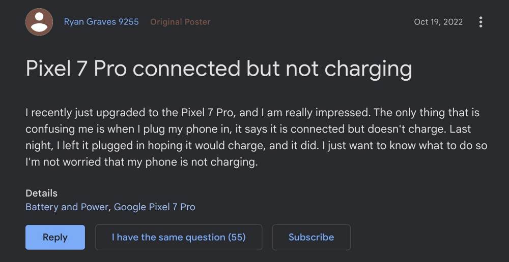 Pixel 7 Pro Connected but not charging