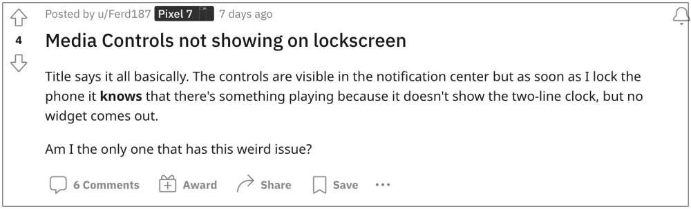 Pixel 7 Pro lock screen media controls missing