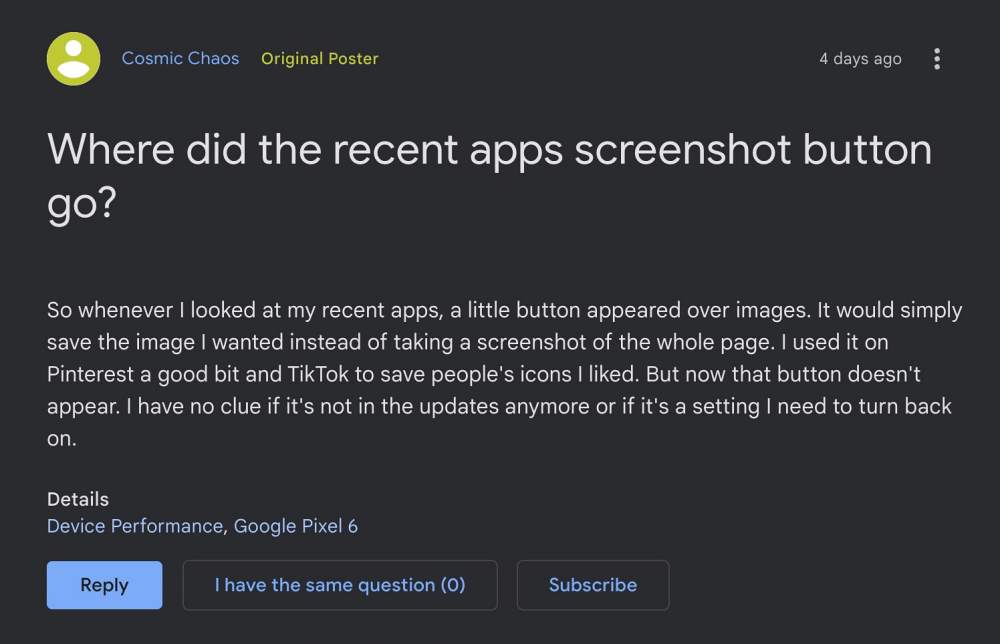 Screenshot missing from Recent Apps
