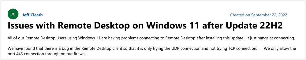 Remote Desktop not working Windows 11 22H2