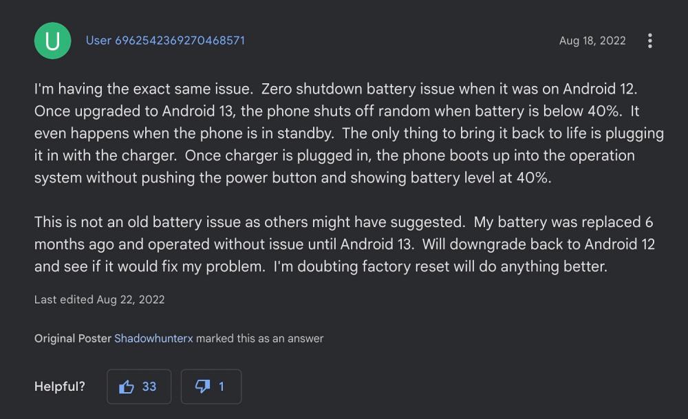 Pixel 4XL shutdown at 40% Battery in Android 13