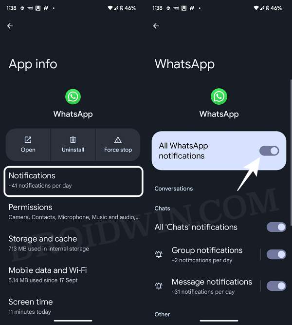 whatsapp notifications silent