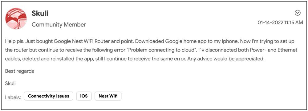 Google Nest Problem connecting to cloud