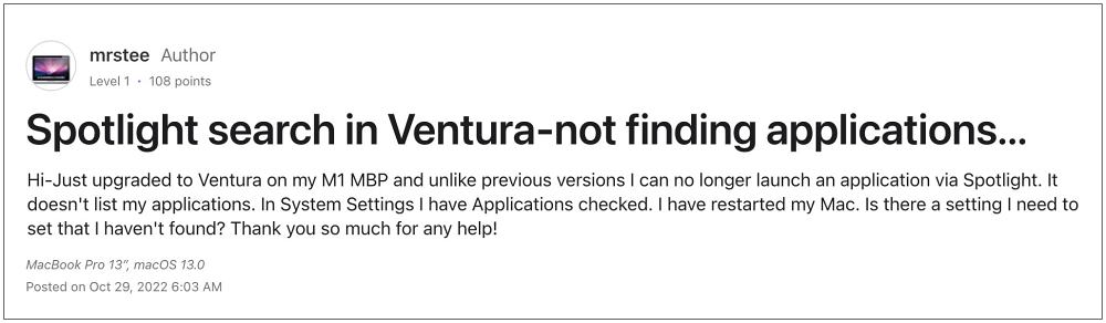 Mac Spotlight Search not working on Ventura
