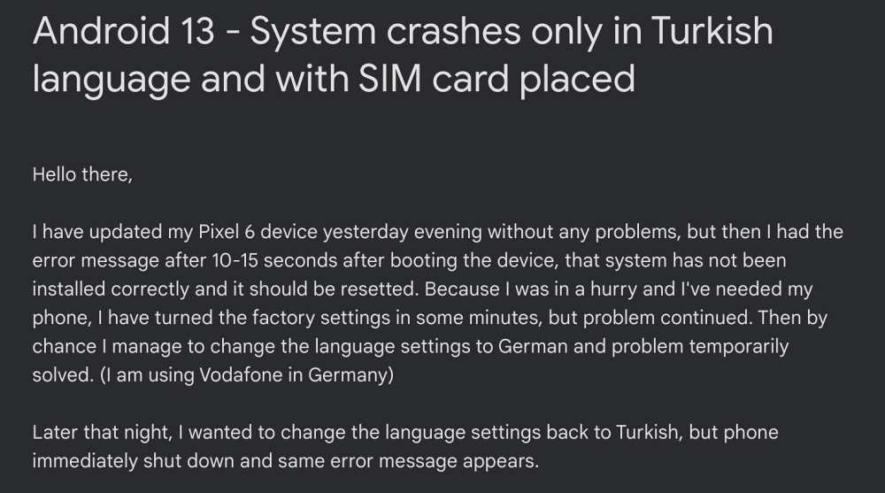 android 13 crashing turkish language