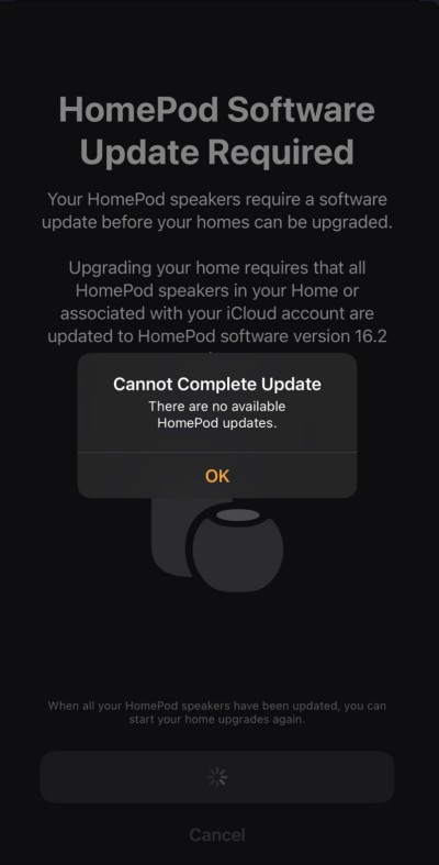 homepod cannot complete update