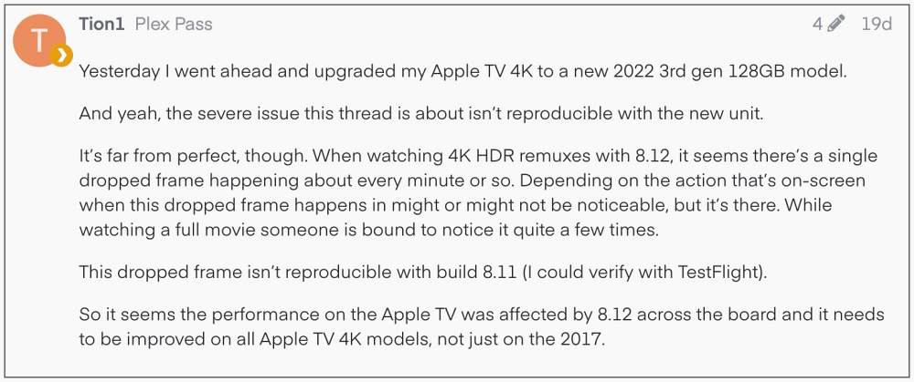 Plex for Apple TV Frame Drops in 4K