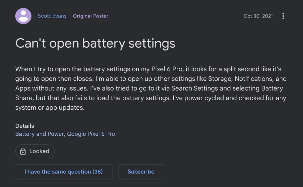 Cannot Open Battery Settings menu on Pixel