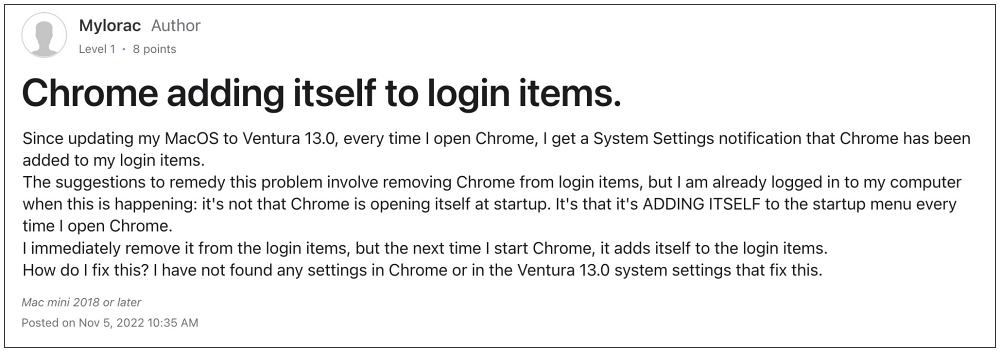 Google Chrome adds itself to Login Items in Ventura  Fixed  - 60