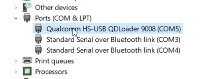 Yellow exclamation mark next to Qualcomm HS-USB QDLoader 9008