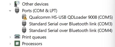 Yellow exclamation mark next to Qualcomm HS-USB QDLoader 9008