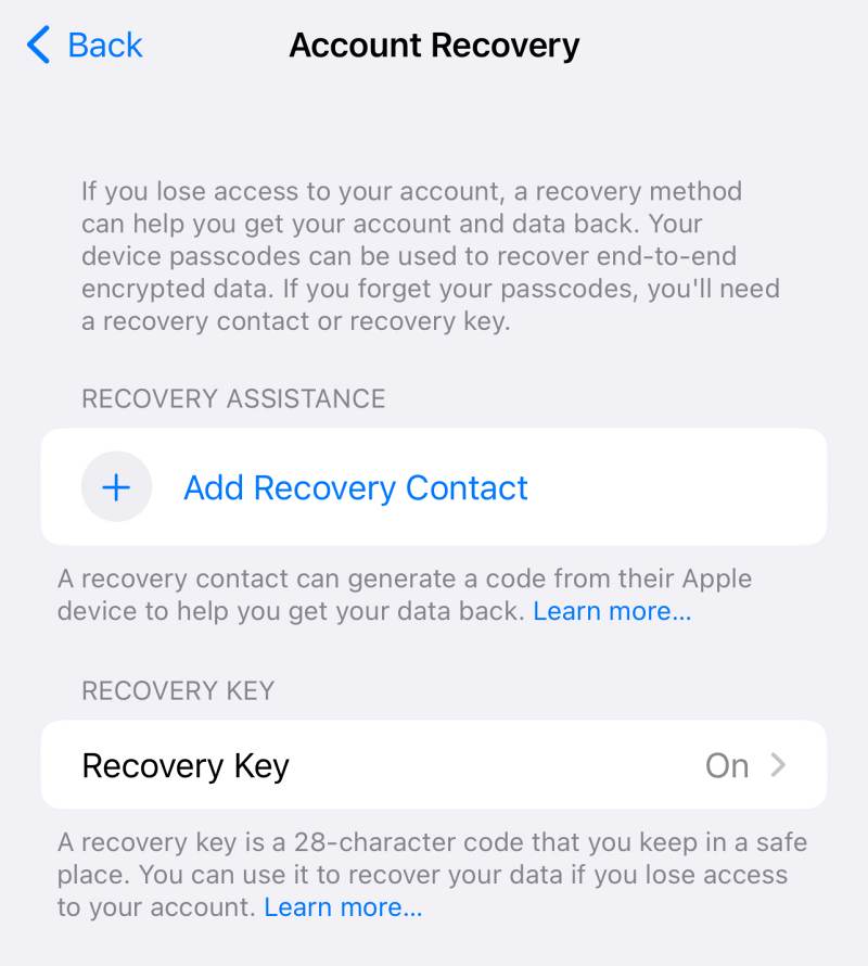 Account Recovery Method Needed iOS 16