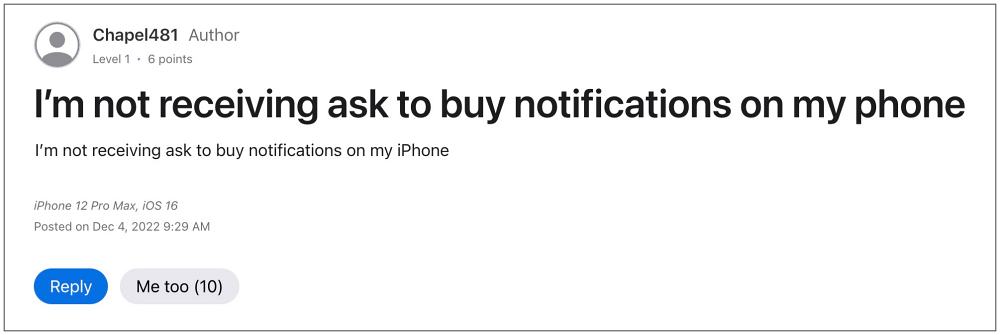 Ask to Buy Notification not working on iOS 16