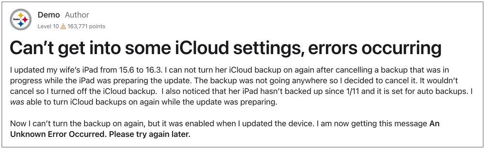 iCloud Drive Backup An unknown Error occurred