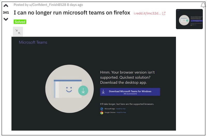Microsoft Teams Browser Unsupported Error on Firefox
