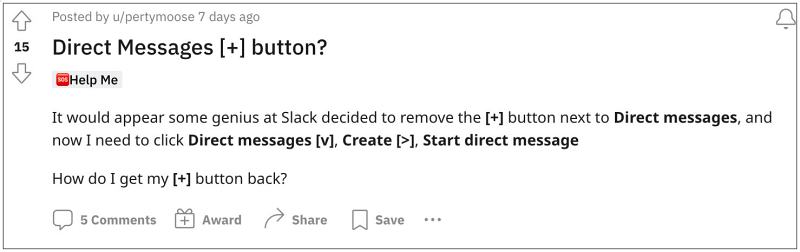 Slack + button for Direct Messages Removed