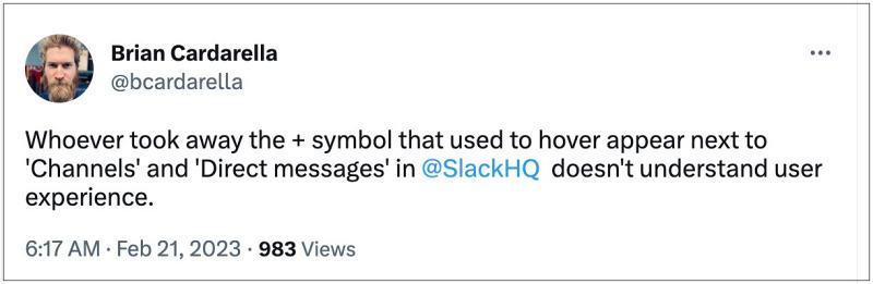 Slack + button for Direct Messages Removed