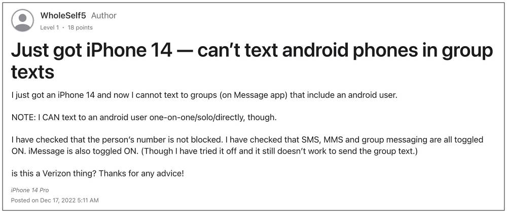 iPhone cannot send group SMS Android