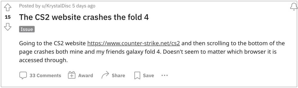 Counter Strike 2 website crashing Galaxy Fold 4