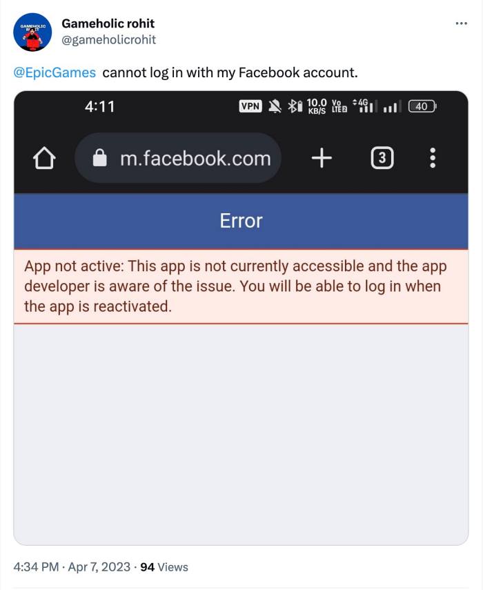 Не удается войти в Epic Games Store через Facebook.