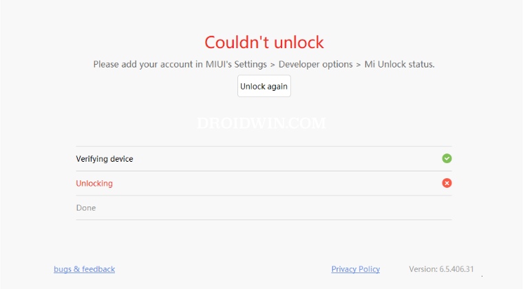 Couldn't unlock Please add your account in MIUI's settings