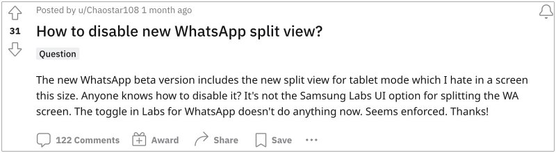Disable WhatsApp Split View tablet