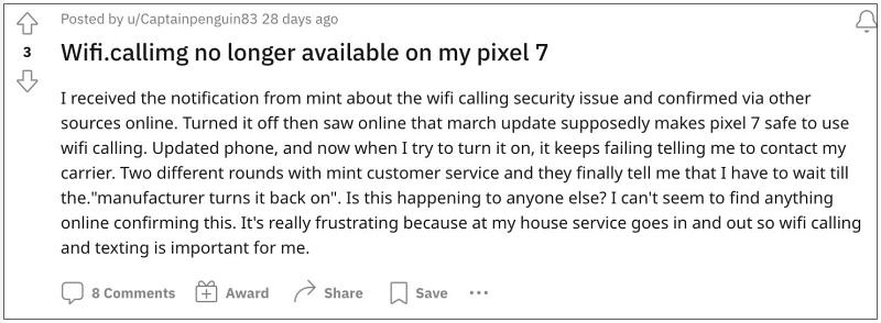 WiFi Calling not working on Pixel 7 Pro