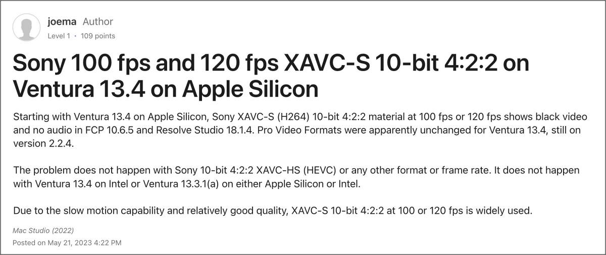 macOS Ventura 13.4 Кодек H264 120FPS не работает