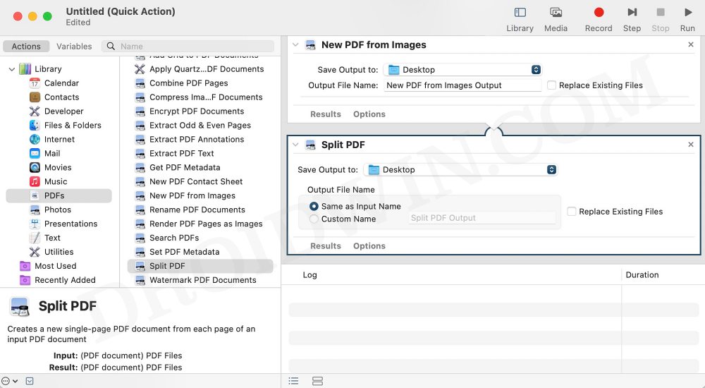 Quick Actions Create PDF as Individual Files