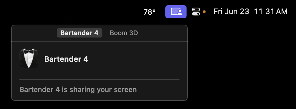 Bartender 4 Screen Sharing icon on macOS Sonoma