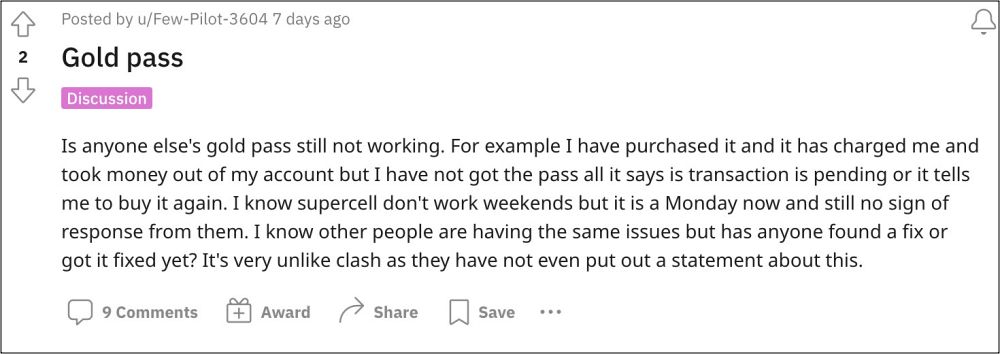 Clash of Clans Did not receive Gold Pass after Purchase