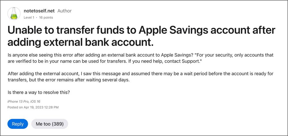 Cannot transfer funds from Apple Savings to external bank account