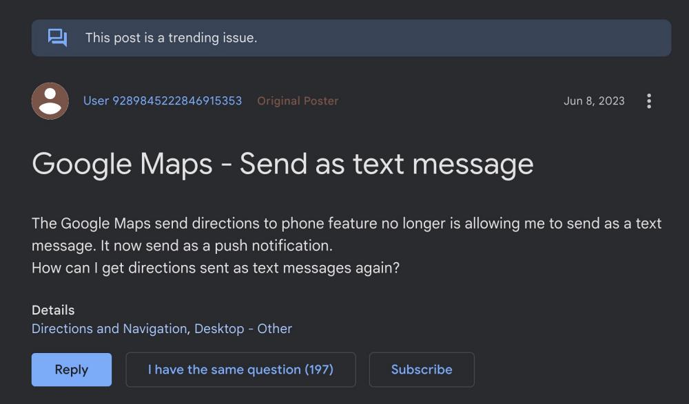 Google Maps send directions to phone via SMS