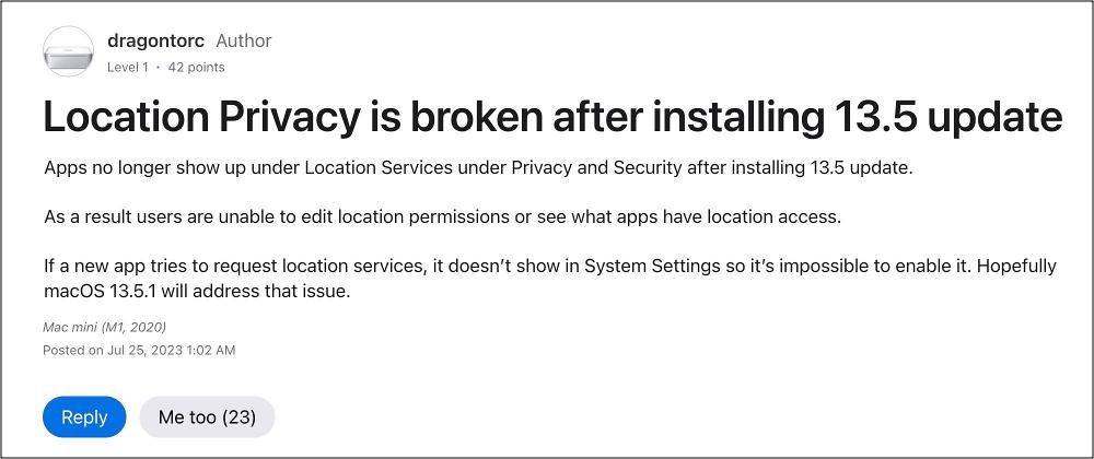 Location Services not working on macOS 13.5