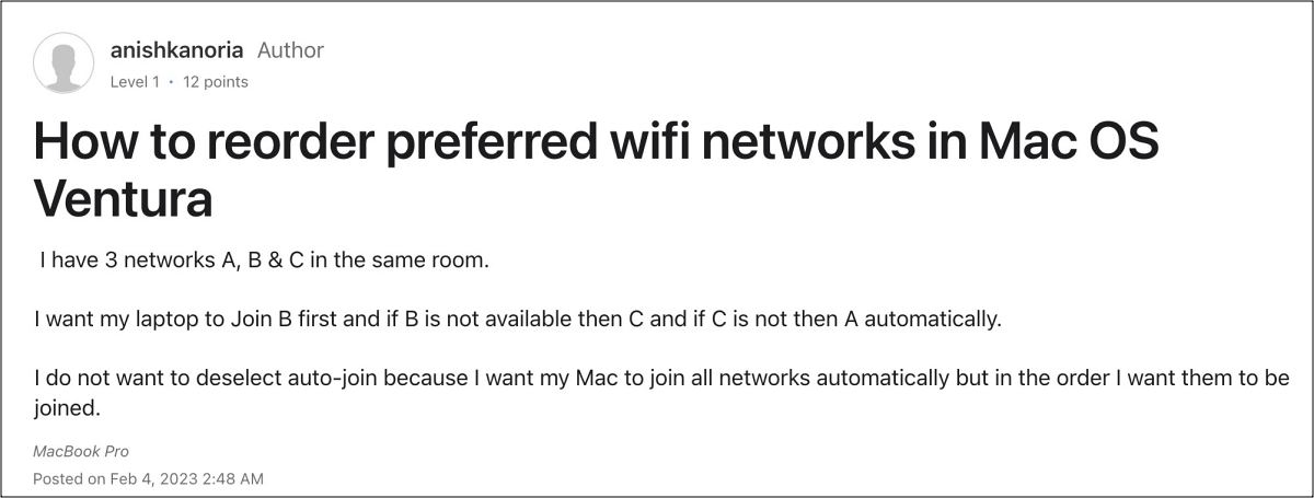 Изменить предпочтительную сеть WiFi в macOS Ventura