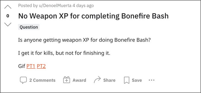 Destiny 2 Cannot Get Weapon XP from Bonfire Bash