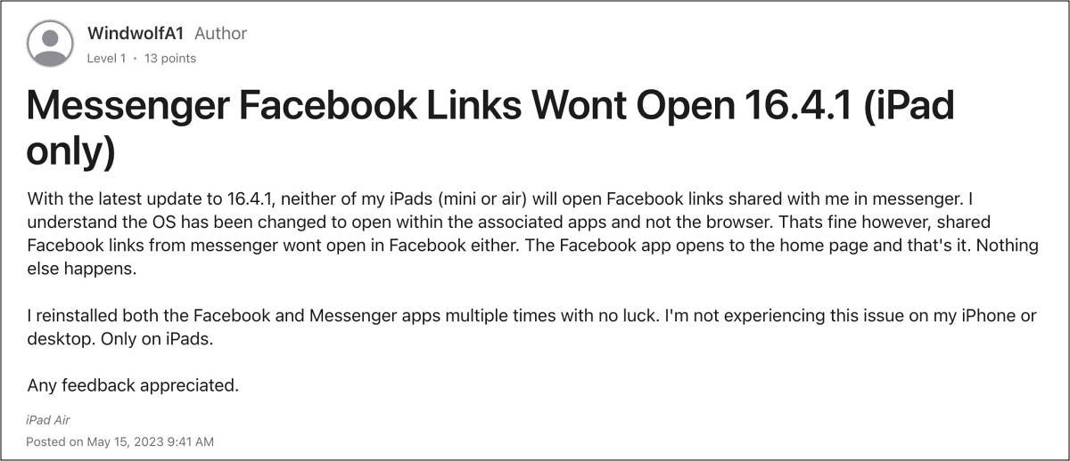 Не удается открыть ссылки Facebook Messenger на iPad