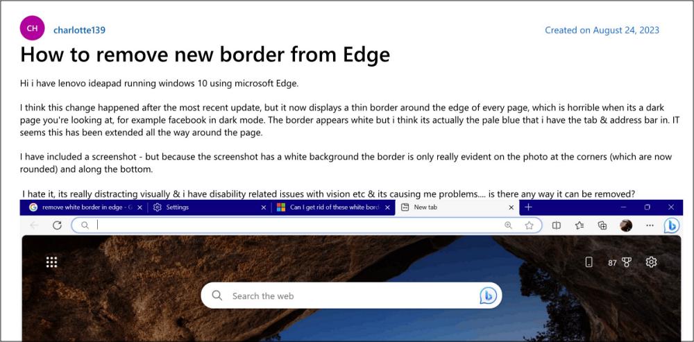Remove rounded borders around webpages in Edge