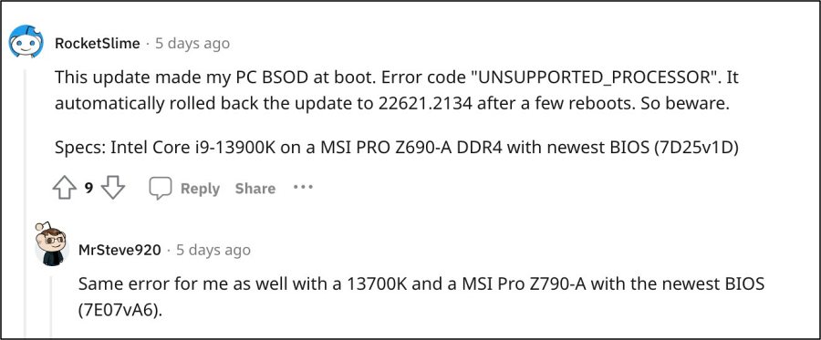 Windows 11 KB5029351 Unsupported Processor