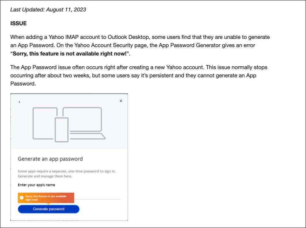 Outlook cannot generate App Password for Yahoo IMAP